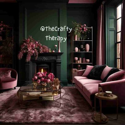 Pink and green living room, sitting room decoration ideas @thecraftytherapy Green And Pink Sitting Room, Dark Green Pink Living Room, Pink And Green Lounge Ideas Living Rooms, Pink Walls Green Furniture, Forest Green And Pink Living Room, Dark Pink Room Decor, Dark Green And Pink Office, Pink Green Living Room Ideas, Pink Girly Living Room