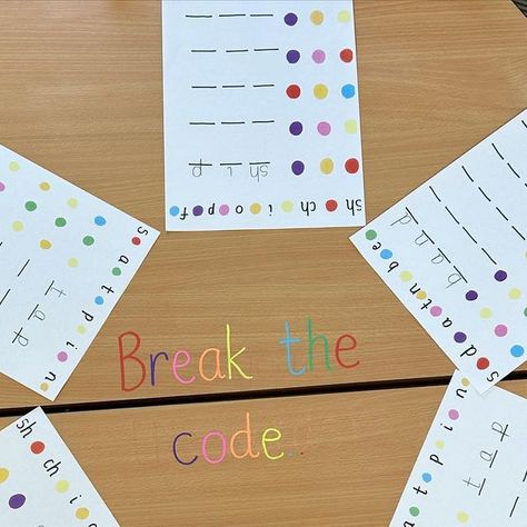 Miss LVT on Instagram: "We’ve been doing some code breaking for our phonics challenge this week! It’s been so interesting to see the children having a go at this! 👏🏻 The premise is simple - look at the coloured dot, write the sound that matches and then read the word at the end! 3 way differentiation to hit our different phonics groups and target areas 📖 . . . . . . . . . . . . . . #Teacher #UKTeacher #PrimaryTeacher #Teachergram #TeachersOfInstagram #EYFS #EYFSTeacher #EarlyYears #EarlyYears Phase 5 Phonics Activities, Phonics Activities Eyfs, Writing Eyfs, Phonics Eyfs, Alphabet Word Wall Cards, Phase 5 Phonics, Alphabet Word Wall, Alphabet Code, Alphabet Words