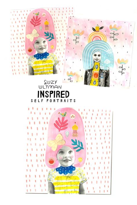 Mixed Media Self Portraits inspired by, Suzy Ultman — ART CAMP Self Portrait Kids Art, Elementary Portrait Projects, Elementary Self Portrait Project, Mixed Media Projects For Kids, Collage Projects For Kids, Kids Self Portrait Ideas, Collage Kids Art Projects, Kids Collage Ideas, Artist Inspired Art For Kids