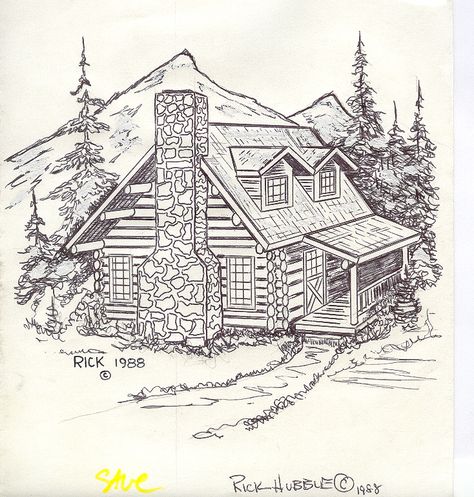 Log Cabin Art Barn Drawing, Landscape Pencil Drawings, Pyrography Patterns, Nature Art Drawings, Mountain Drawing, Cabin Art, Wood Burning Patterns, Architecture Drawing Art, Wood Burning Art