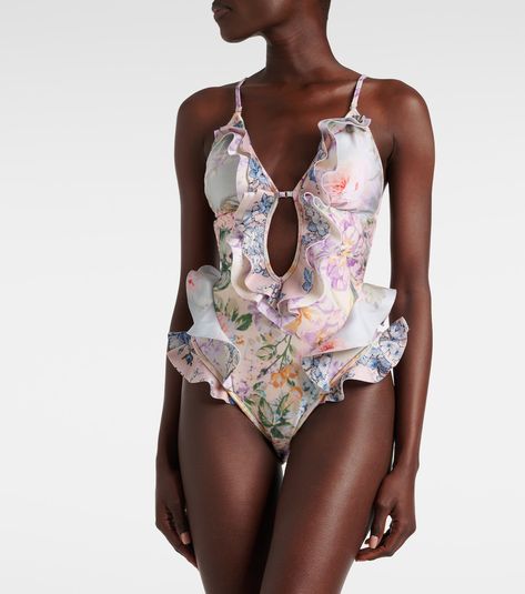 Halliday Waterfall Frill ruffled floral swimsuit in multicoloured - Zimmermann | Mytheresa Floral Swimsuit, Ruffle Swimsuit, White Swimsuit, Blue Swimsuit, Feminine Aesthetic, Street Style Chic, Brown Fashion, Street Chic, No Frills