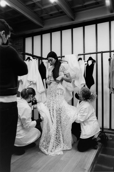 Behind the Scenes at Sarah Staudinger’s Many Pre-Wedding Dress Fittings | Vogue Sarah Staudinger, Destination Wedding Italy, Mini Gold Dress, Wedding Money, Fitted Wedding Dress, Column Dress, Welcome To The Party, Iconic Photos, Wedding Weekend