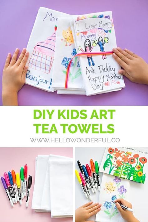 DIY KIDS' ART TEA TOWELS: CUTE HANDMADE MOTHER'S DAY GIFT or gift from kids #hellowonderful Useful Mothers Day Gifts Diy Kids, Kids Tea Towel Crafts, Mothers Day Tea Towel Craft, Hand Painted Tea Towels Diy, Hand Print Tea Towel, Painting On Tea Towels, Handprint Tea Towels, Christmas Tea Towels Diy Kid Art, Handprint Towels Kids Crafts