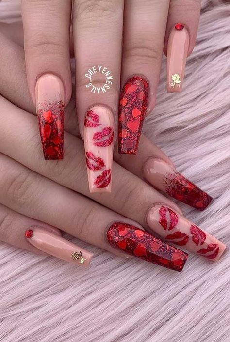 Vday Nails, Valentine Nail Art, Red Acrylic Nails, Nail Designs Valentines, Long Acrylic Nails Coffin, Nailed It, Heart Nails, Coffin Nails Designs, Bling Nails