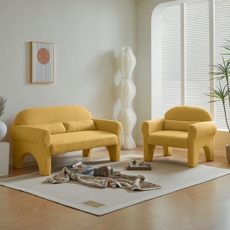 JOLIWING Modern Upholstered 2 Piece Livingroom Set,Loveseat & Accent chair for Living Room Light Yellow Couch, Boucle Loveseat, Living Room Antique, Yellow Couch, Chair For Living Room, Set Sofa, Modern Loveseat, Couch And Loveseat, Perfect Living Room