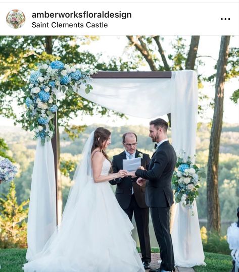 Not hydrangeas but same concept with arbor- maybe white/cream and dusty blue draps Hydrangea Arbor, Wedding Arch Ideas Blue And White, Hydrangea Wedding Arbor, Dusty Blue Wedding Flower Arch, White Hydrangea Wedding Arch, Flower Arch Wedding Hydrangeas, Blue And White Flower Arch Wedding, Blue Hydrangea Wedding Arbor, Simple Wedding Arch