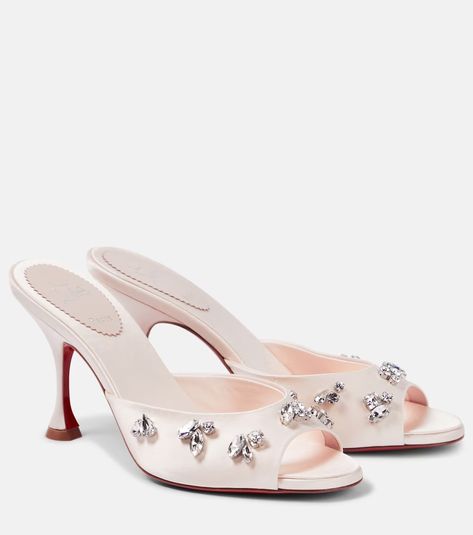 Degraqueen 85 embellished crêpe mules in pink - Christian Louboutin | Mytheresa Louboutin Online, Minimal Shoes, Mid Heel Sandals, Shoe Inspiration, Evening Shoes, Pretty Shoes, Dream Shoes, Sandal Fashion, Louboutin Shoes