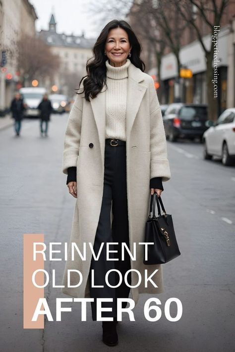 Revamp your wardrobe by reimagining classic pieces! Discover how swapping out accessories, pairing old items in fresh ways, and adding contemporary touches can reinvigorate your style. Long Coat And Wide Leg Pants, Long Houndstooth Coat Outfit, Cream Wide Leg Pants Outfits Winter, Mid Winter Outfits, Winter Dress Pants Outfits, Winter Outfits For Over 60 Women Casual, Cold Weather Office Outfits Women, Button Down Shirt Outfit Winter, Winter Outfits Petite Women