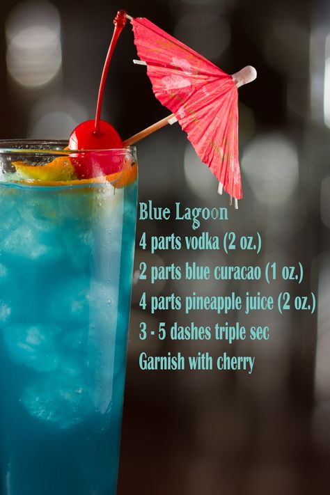 Blue Lagoon cocktail recipe. www.overpourrescue.com Blue Lagoon Cocktail Recipe, Blue Lagoon Recipe, Blue Lagoon Drink Recipe, Blue Lagoon Drink, Fish Bowl Recipe, Blue Lagoon Cocktail, Bartender Recipes, Pineapple Juice Recipes, Blue Curacao Liqueur