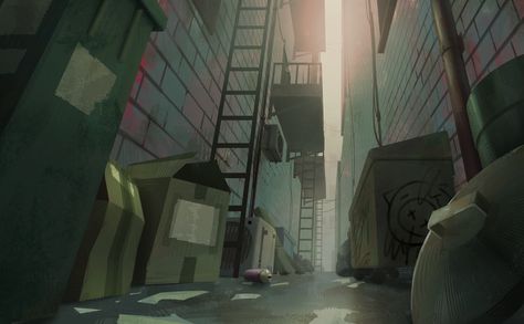 Back Alley Drawing, Dark Alley Drawing, Alley Drawing Reference, Alleyway Illustration, Alley Way Drawing, Alley Way Aesthetic, Alley Way Background, Alley Concept Art, Alleyway Drawing