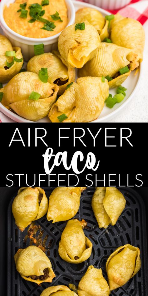 Air Fryer Taco Stuffed Shells are the perfect addition to your Taco Tuesday rotation. Made with jumbo shells, taco meat, and a stick of cheese! It's a quick and easy recipe that is perfect for a party, or just because. Taco Stuffed Shells Air Fryer, Taco Shells Homemade, Jumbo Shells Stuffed, Jumbo Shell Recipes, Jumbo Shells, Crispy Taco Shells, Taco Tuesday Recipes, Jumbo Pasta Shells, Crispy Tacos