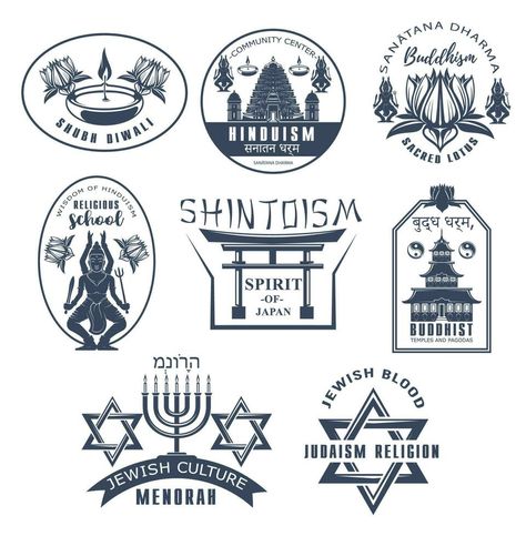 Religious vector icons buddhism, judaism shintoism Shintoism Symbols, Buddhism Symbols, Signs And Symbols, Buddhist Meditation, Jewish Culture, Religious Symbols, Logo Line, Spiritual Enlightenment, Buddhist Temple