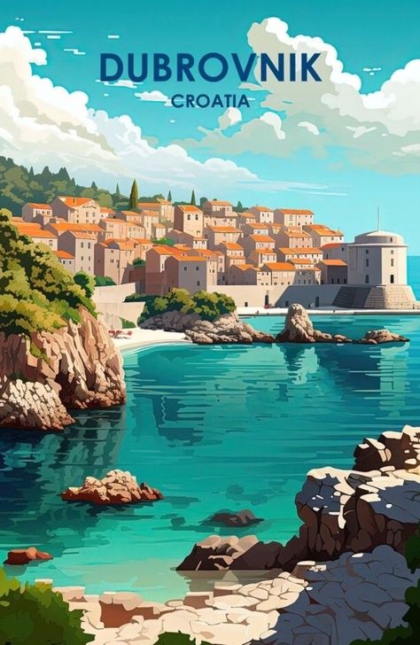 Dubrovnik Illustration, Europe Postcard, Croatia Poster, Wanderlust Decor, City Postcard, Retro Travel Poster, Landscape Art Painting, Dubrovnik Croatia, Croatia Travel