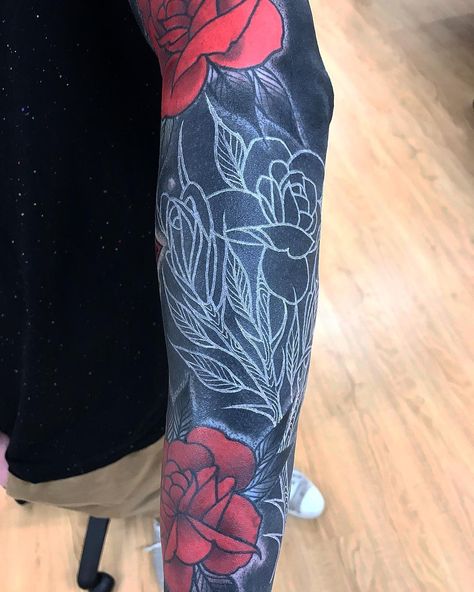 MR Tumaru on Instagram: “...thanks Cody, fresh white over healed black...” Black Tattoo With White Ink, White Ink On Black Tattoo, Tattoo With White Ink, White Over Black Tattoo, Skull Rose Tattoos, Black Tattoo Cover Up, Black White Tattoos, Dragon Sleeve Tattoos, Blackout Tattoo