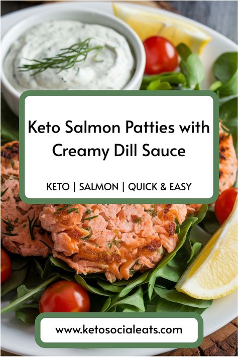 Keto salmon patties with creamy dill sauce served on a bed of greens with cherry tomatoes and lemon wedges. Sauce For Salmon Patties, Keto Salmon Patties, Baked Salmon Patties, Dill Sauce For Salmon, Keto Dinner Recipe, Almond Crusted Chicken, Quick Salmon, Crusted Chicken Tenders, Butter Chicken Curry