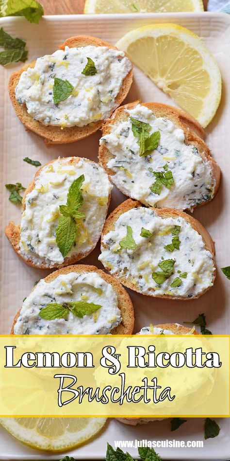 Lemon Ricotta Bruschetta Lemon Finger Foods, Italian Appetizers Easy Finger Foods, Lemon Appetizers, Italian Apps, Ricotta Bruschetta, Italian Brunch, Ricotta Dessert, Italian Appetizers Easy, 2026 Wedding