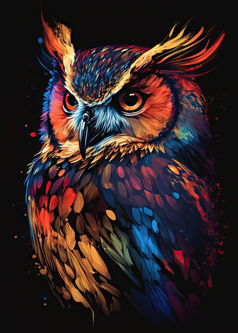 "Experience the enchanting beauty of fantasy art with \"Night Watch,\" our digital painting of a colorful owl against a striking black background. This exceptional piece captures the essence of mystery and intrigue with its rich color palette and exceptional detail. It's a must-have for art lovers seeking a unique addition to their collection and for those who appreciate the beauty of fantasy art. Don't miss out on the opportunity to own this mesmerizing work of art and add a touch of wonder to Animals On Black Background, Night Owl Painting, Owl Mural Art, Animal Art Abstract, Colorful Owl Painting, Animal Portraits Art Drawings, Owl Art Painting, Painting On Black Background, Painting Black Background