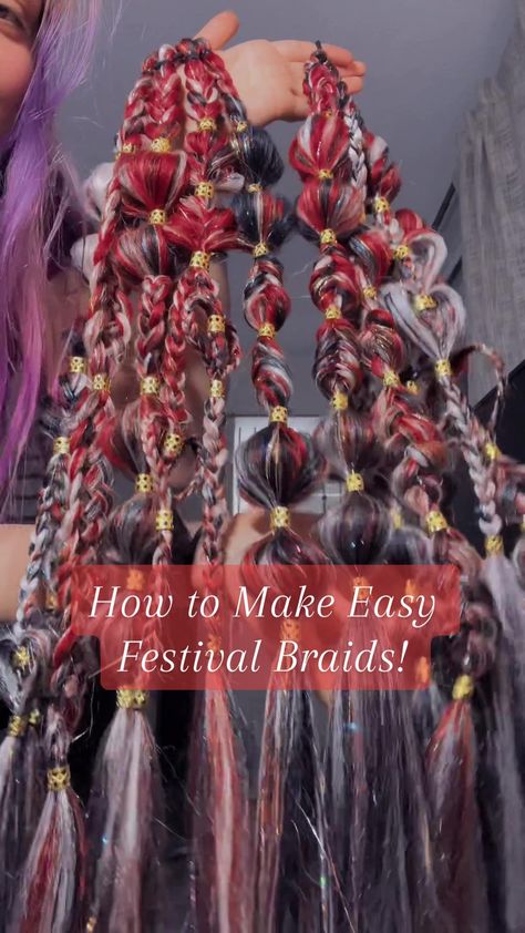 here is a glimpse into my braid making process! Prepping the set is th... | rave braids | TikTok Rave Braids Festival Hair Red, Diy Festival Hair Extensions, Rave Extension Braids, Braids With Fake Hair Hairstyles, Festival Braids With Color Extensions Blonde Hair, Festival Hair Braids Tutorials, Diy Rave Hair Extensions, Rave Extensions, Rave Braids Festival Hair Tutorial