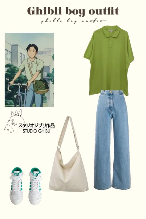 Green polo tshirt, blue jeans, white shoes, tote bag Ghibli Inspired Outfits Men, Studio Ghibli Outfits Men, Ghibli Outfits Men, Studio Ghibli Clothes, Ghibli Costume, Studio Ghibli Outfits, Ghibli Boy, Studio Ghibli Fashion, Ghibli Men