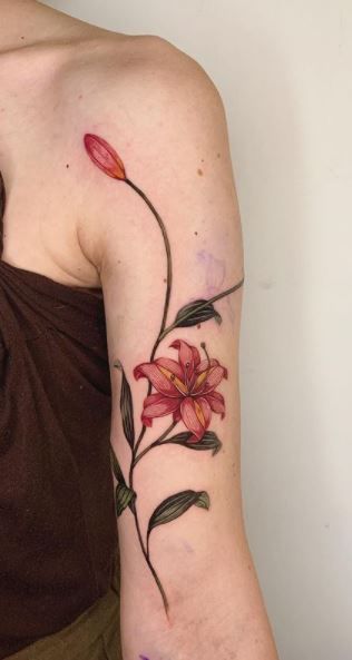 Lillies Tattoo Color, Lily Chest Tattoo, Azalea Tattoos, Orange Day Lily Tattoo, Lily Varieties, Lily Vine Tattoo, Stargazer Lily Tattoo Color, Tigerlilly Tattoo, Color Lily Tattoo