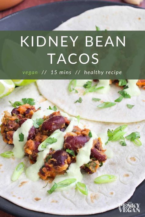 These 15-minute kidney bean tacos use a simple recipe for a healthy and tasty vegan meal that's on the table in no time. #kidneybeans #kidneybeanrecipe #vegantacos #healthyvegan #beantacos #15minutemeal Kidney Bean Tacos, Cooking Kidney Beans, Meatless Taco, Quick Vegan Dinner Recipes, Delish Dinners, Recipes With Kidney Beans, Healthy Kidney Diet, Bean Dishes, Kidney Diet