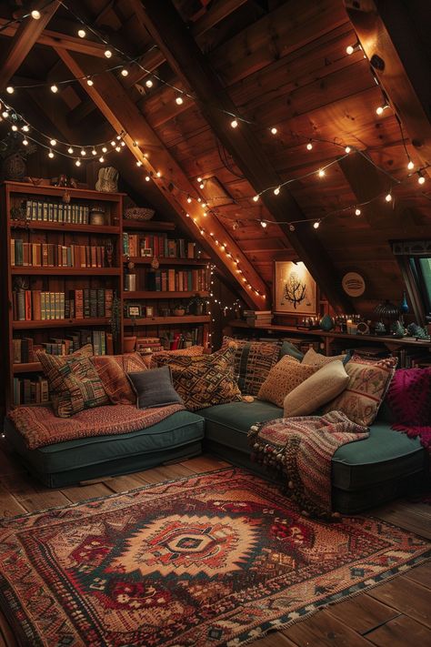 Cozy Common Room, Cabin Living Aesthetic, Book Home Aesthetic, Cozy Home Reading Space, Warm Vibes Aesthetic, Cosy Attic Room, Indoor Fairy Lights Living Room, Cozy Book Nook Aesthetic, Cozy Bookstore Interior