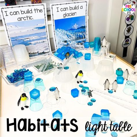 Winter Light Table Ideas Preschool, Winter Light Table Activities, January Provocations Kindergarten, Light Table Christmas Activities, Light Table Winter Activities, January Light Table Ideas, Artic Dramatic Play, Light Table Activities Kindergarten, Montessori January Activities