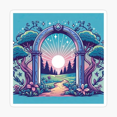 Get my art printed on awesome products. Support me at Redbubble #RBandME: https://www.redbubble.com/i/sticker/Portal-Opening-to-A-Magical-Forest-Pop-Art-Style-by-artofuniverse/164229466.EJUG5?asc=u Hobbit Mural, Portal Illustration, Portal Opening, Magic Portal, Magic Forest, Pop Art Style, Powerful Art, Magical Forest, Ink Drawing