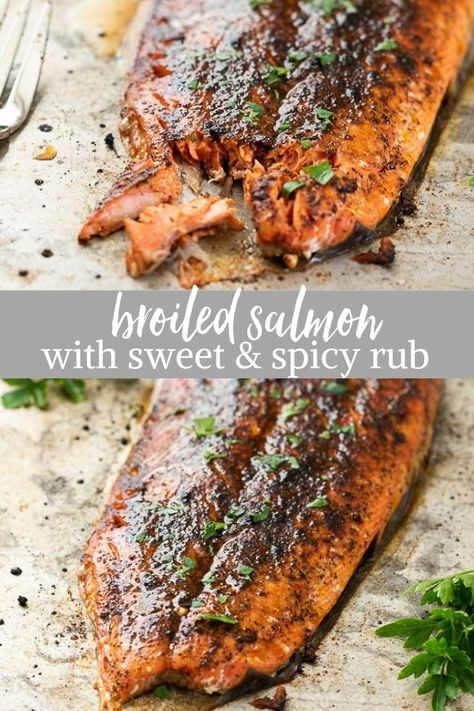 Broiled Salmon with Sweet and Spicy Rub is an easy broiled salmon recipe topped with a simple salmon rub.  It's a healthy dinner that comes together in minutes! #salmon #healthydinner #salmonrub #glutenfree Broiled Salmon Recipes, Salmon Rub, Salmon Recipes Pan Seared, Salmon Recipes Baked Healthy, Broiled Salmon, Healthy Salmon Recipes, Salmon Seasoning, Spicy Salmon, Baked Salmon Recipes