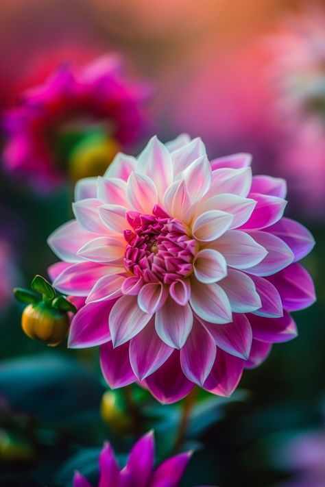 The Tricolor Dahlia is a vibrant floral marvel adorned with petals in shades of pink, white, and purple, creating a stunning show of colors. Perfect for brightening up any garden or floral arrangement.  Light: Full sun Water: Regular watering, keep soil moist Soil: Well-drained, fertile soil Temperature: 60-70°F (15-21°C) Humidity: Moderate Fertilizer: Balanced fertilizer every 2-3 weeks during the growing season This dahlia’s strikingly bold colors make it a standout in any garden. Ideal for borders and flower beds.  #flowers #gardening #dahlia #colorful Delilah Flower, Group Background, Dahlia Pinnata, Buddha Tree, Plants Artwork, Flowers Gardening, Sun Water, Anniversary Flowers, Nature Wallpapers