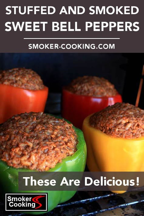 You'll love this smoky stuffed sweet bell pepper recipe. The meat filling is lightened with cooked rice, and seasoned with tasty ingredients. One large smoked stuffed pepper makes an entire meal! #stuffedpeppers #sidedishes #peppers #smokerrecipes #smokercooker Smoked Bell Peppers In Smoker, Smoked Stuffed Peppers, Smoked Peppers, Bell Pepper Recipe, Smoked Vegetables, Easter Food Appetizers, Pepper Recipe, Smoker Cooking, Bell Pepper Recipes