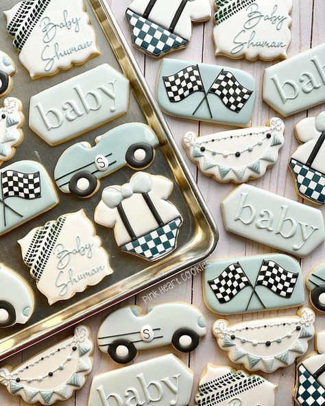 Transportation Baby Shower Theme, Racing Cookies Decorated, Black And White Checkered Baby Shower Ideas, Baby Shower Race Car Theme, Race Car Theme Baby Shower Ideas, Hot Wheels Baby Shower Theme, F1 Baby Shower Theme, Racecar Baby Shower Theme, Race Car Baby Shower Theme