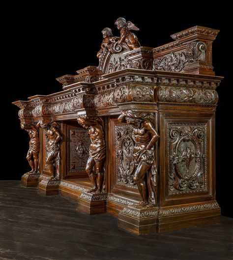 Italian Renaissance carved walnut Chimneypiece. Carved Fireplace, Gothic Furniture, Carved Furniture, Victorian Furniture, Ornate Furniture, Wood Fireplace, Antique Decor, Old Furniture, Beautiful Furniture