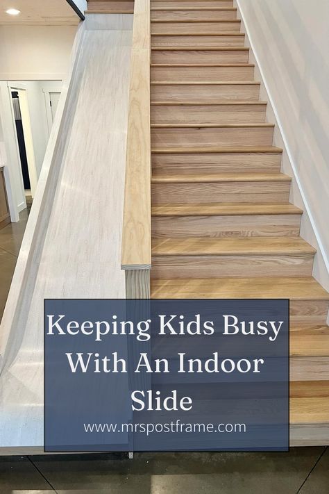 Slide into the ultimate indoor fun with this incredible Barndominium slide inspiration! Create a unique and playful twist in your living space with a custom-designed indoor slide that will delight both kids and adults alike. Embrace the joy of everyday adventures and add a touch of whimsy to your home! Discover how to seamlessly blend fun and functionality with this fantastic DIY project. Slide To Basement, Built In Slide In House, Staircase With Slide Ideas, Slide Next To Stairs, Staircase Slide Diy, Stairs With Slide, Slide Stairs Indoor, Indoor Slides For Home, Stairs With A Slide