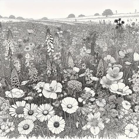 Sweet drawing of a field full of sunflowers blooming Field Drawing, Sweet Drawing, Screen Printing Projects, Field Of Sunflowers, Sweet Drawings, Stippling Art, Detailed Coloring Pages, Flower Sketches, Sunflower Fields