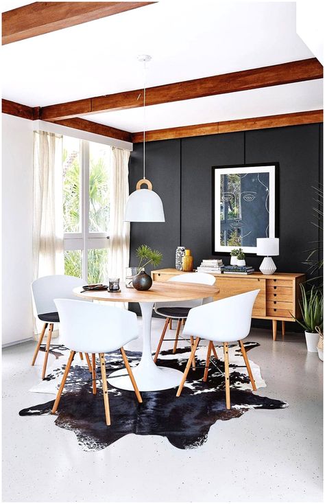 Cowhide Rug Dining Room, Rug Under Kitchen Table, Rug Under Dining Table, White Dining Table, Small Room Decor, Cowhide Rugs, Hide Rug, Rug Dining Room, Dining Nook