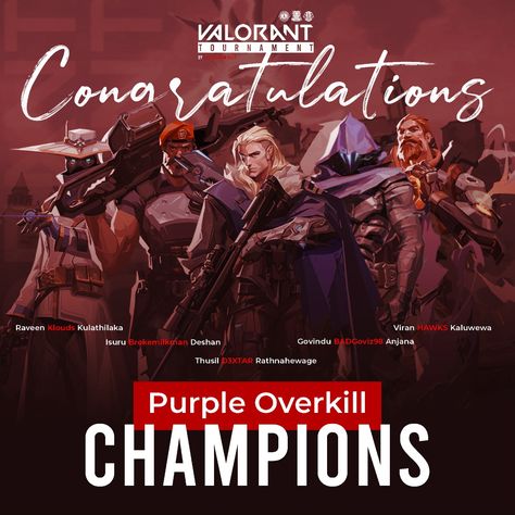 CONGRATULATIONS TEAM PURPLE OVERKILL 🥇 🏆 VALORANT E-SPORTS CHAMPIONSHIP 2020 BY LEO CLUB OF SLIIT - CHAMPIONS 🏆 #SLIITLeoකුලේ #WeServe #SLIITLeos #TrendSetters #YouthServe #FutureisLeo #ProudLeo #LionsClubsInternational #Since1957 #LegacyContinues Pubmat Congratulations, Congratulations Pubmat, Leo Club, Lions Clubs International, E Sports, Layout Ideas, Trend Setter, Gaming, Layout