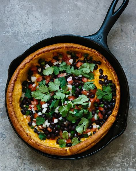 Recipe: Savory Tex-Mex Dutch Baby Pancake | Kitchn Cast Iron Skillet Recipes Dinner Vegetarian, Healthy Cast Iron Recipes, Vegetarian Cast Iron Recipes, Cast Iron Skillet Recipes Vegetarian, Cast Iron Skillet Recipes Camping, Skillet Meals Vegetarian, Healthy Cast Iron Skillet Recipes, Vegetarian Skillet Recipes, Cast Iron Dinner Recipes