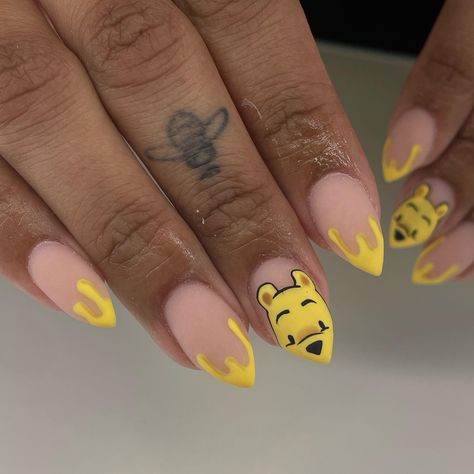 My mom said this looks like a mouse🥺 please tell me it looks like Winnie the Pooh!! #nails #nailtech #nailart #naildesign #nailinspo #nailsofinstagram #nailsnailsnails #nailaddict #nailporn #cartoonnails #cartoon #art #characternails #trend #vancouver Pooh Bear Nail Designs, Winnie The Pooh Inspired Nails, Simple Winnie The Pooh Nails, Winnie The Pooh Nail Designs, Cute Disney Nail Designs, Disney Nails For Kids, Winnie Pooh Nails, Moomin Nails, Winnie The Pooh Nails Acrylic