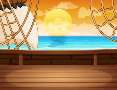 Seascape view from the pirate ship woode... | Premium Vector #Freepik #vector #vintage #cartoon #sea #ship Pirate Ship Deck Background, Pirate Ship Deck, Pirate Background, Pirate Ship Background, Pirates Cartoon, Ship Background, Ship Pirate, Ship Deck, Pirate Cartoon