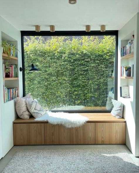 Landing Window Seat, Window Nook Ideas Living Room, Window Seat Bookshelves, Ramen Station, Bay Window Nook, Kitchen Window Seat, Healing Architecture, John Ambrose, Bookshelf Bench