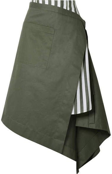 Monse - Asymmetric Wrap-effect Striped Voile And Cotton-drill Midi Skirt - Army green Rok Mini, Skirt Inspiration, Twill Shirt, Skirt Midi, Cute Skirts, Skirt Design, Green Skirt, Mode Inspiration, Skirt Pattern