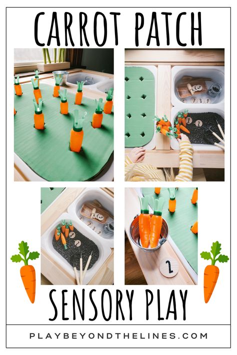 Carrot Patch Sensory Play — Play Beyond The Lines Toddler Easter Party, Math Elements, Flisat Table Activities, Garden Sensory, Toddler Sensory Bins, Sensory Table Ideas, Carrot Patch, Table Activities, Sensory Bin Ideas