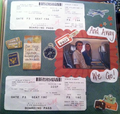 Plane ride and tickets travel scrapbook page Travel Scrapbook Layouts, Couple Scrapbook, Travel Book Diy, Scrapbooking Layouts Travel, Our Adventure Book, Travel Scrapbook Pages, Travel Journal Scrapbook, Travel Project, Vacation Scrapbook