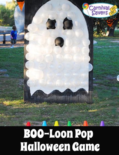 DIY Halloween Game - No DARTS Needed - BOO-Loon Pop! See how to make this safer balloon pop Halloween game! Halloween Carnival Games, Halloween Block Party, Fall Festival Games, Fall Carnival, Festival Games, Halloween Infantil, Diy Halloween Games, Hallowen Ideas, Fall Festivals