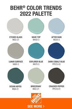 Behr Ocean Boulevard, Home Depot Paint Colors, Home Depot Colors, Behr Color Trends, Home Depot Paint, Beach Color Palettes, Behr Colors, Paint Themes, Behr Paint Colors