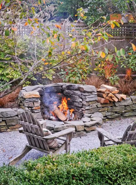 Outdoor Fire Area Ideas, Backyard Stone Fire Pit Ideas, Pool Side Fire Pit Ideas, Fire Pit Walkway, Firepit Patio Ideas, Backyard Ground Cover Ideas, Fire Pit On Sloped Yard, Fire Pit With Chimney, Firepits Backyard Diy