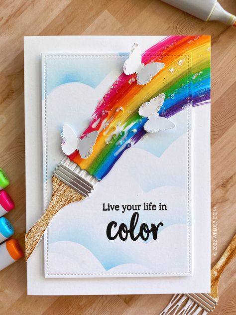 VIDEO: Fun & Easy Rainbow Cards ft. Spellbinders – Wplus9 Design Blog Crafty Hobbies, File Decoration Ideas, Rainbow Cards, Greeting Card Art, Tim Holtz Distress Ink, Bee Creative, Copic Sketch Markers, Artist Card, Rainbow Card