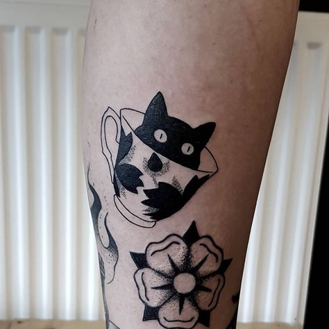 Cat In A Cup Tattoo, Cat Tea Cup Tattoo, Cat In Coffee Cup Tattoo, Traditional Cat Face Tattoo, Cat In Teacup Tattoo, Two Black Cat Tattoo, Coffee Cat Tattoo, Tiny Black Cat Tattoo, Cat Butterfly Tattoo