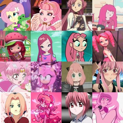 Pink Characters Anime, Pink Hair Character Cartoon, Pink Hair Cosplay Characters, Characters With Pink Hair Halloween, Cartoon Characters With Pink Hair, Pink Hair Pfp Cartoon, Pink Haired Anime Characters, Hot Pink Anime, Pink Hair Cosplay